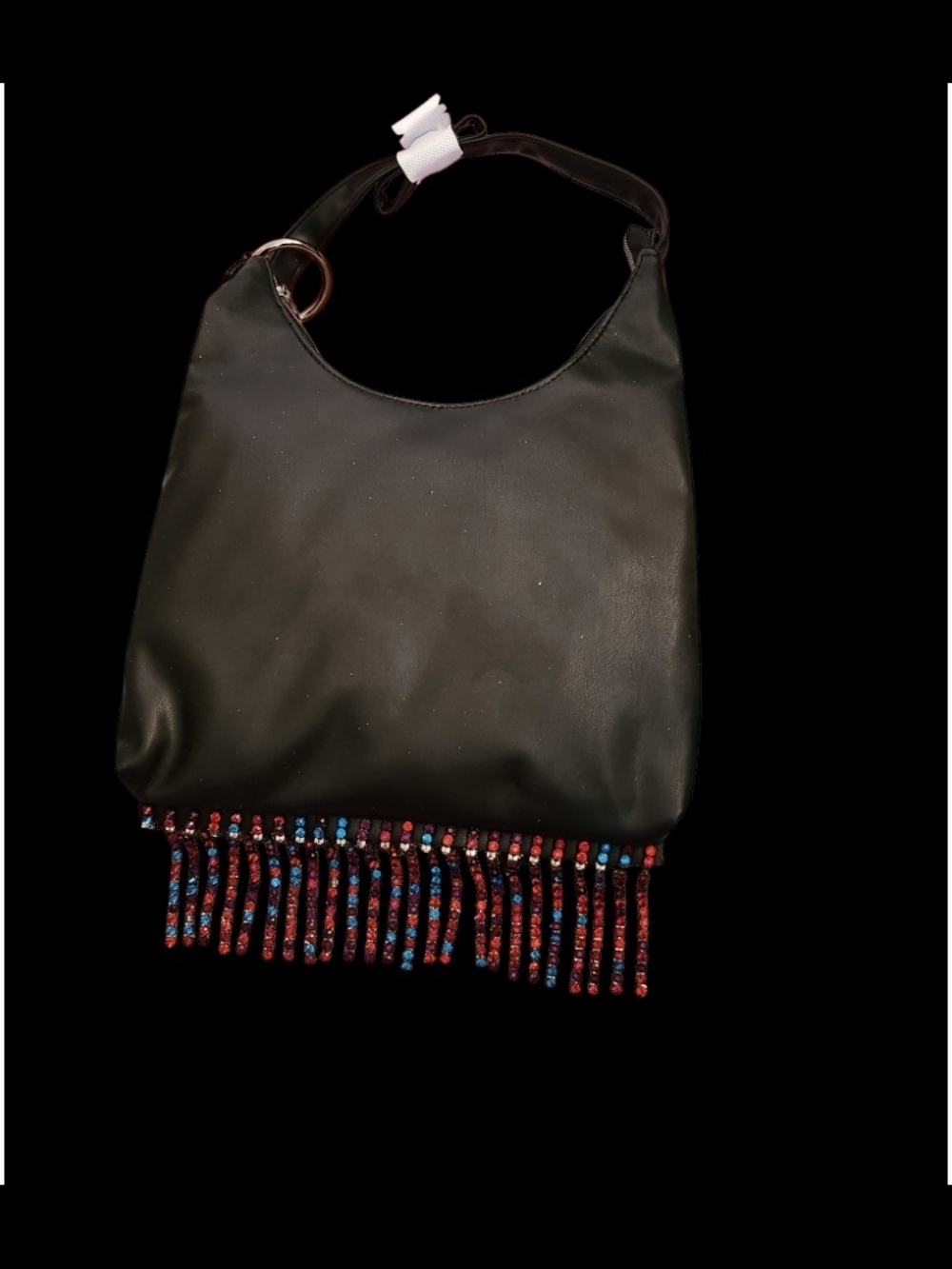 No Boundaries Black Hobo Bag with Red & Blue Beaded Fringe